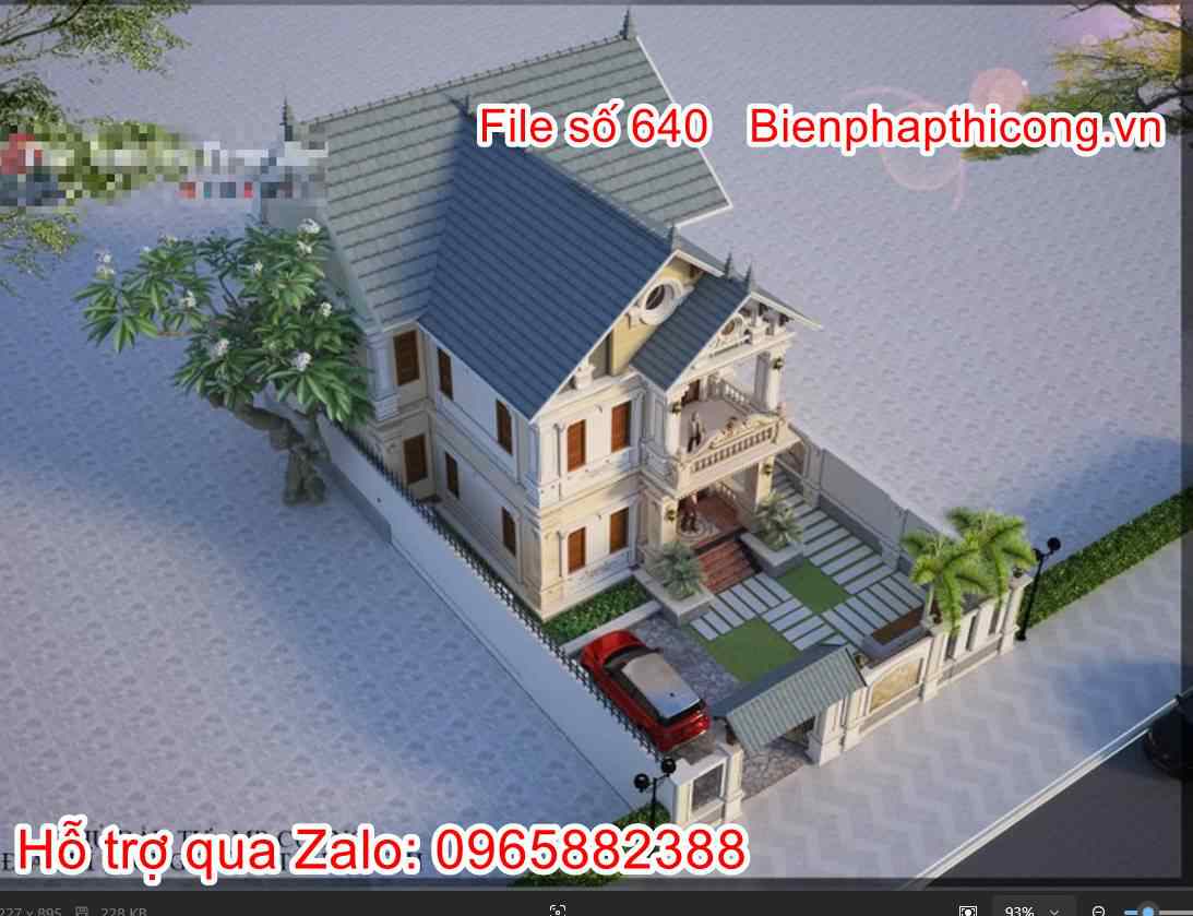 Download bản vẽ cad biệt thự 2 tầng mái thái tân cổ 12m x 15m