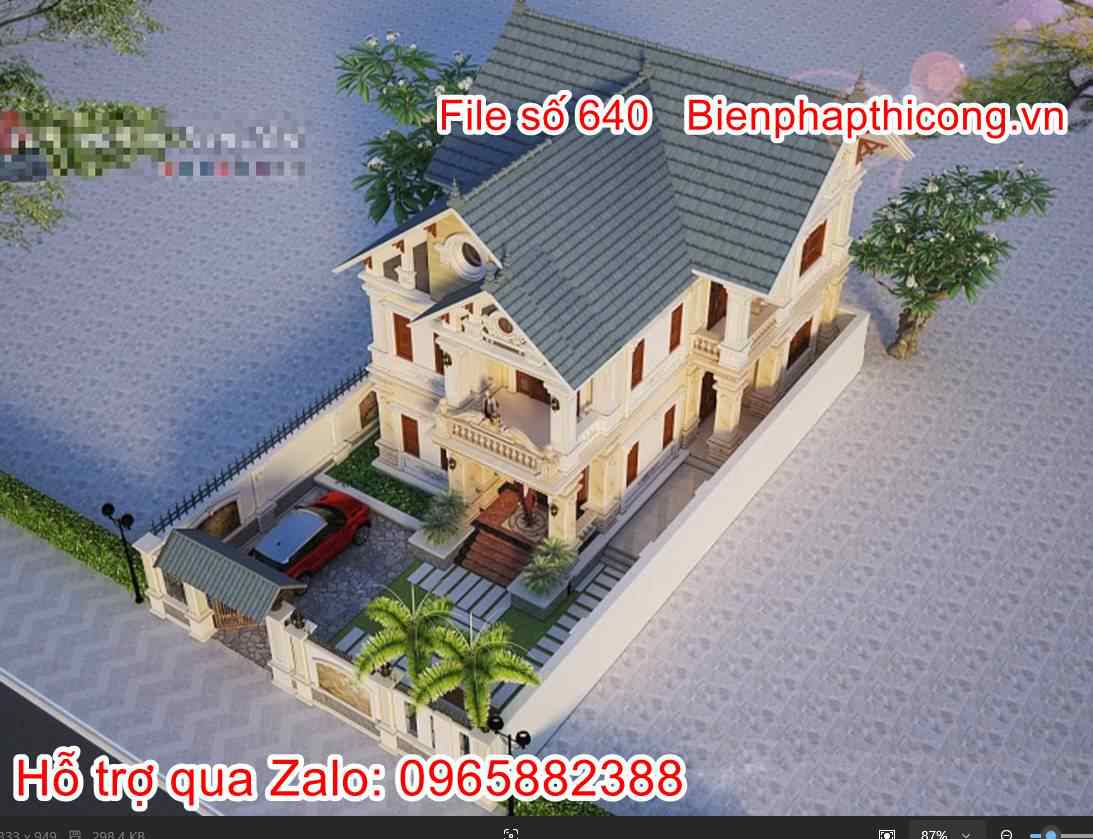 Full bản vẽ cad biệt thự 2 tầng mái thái đẹp.