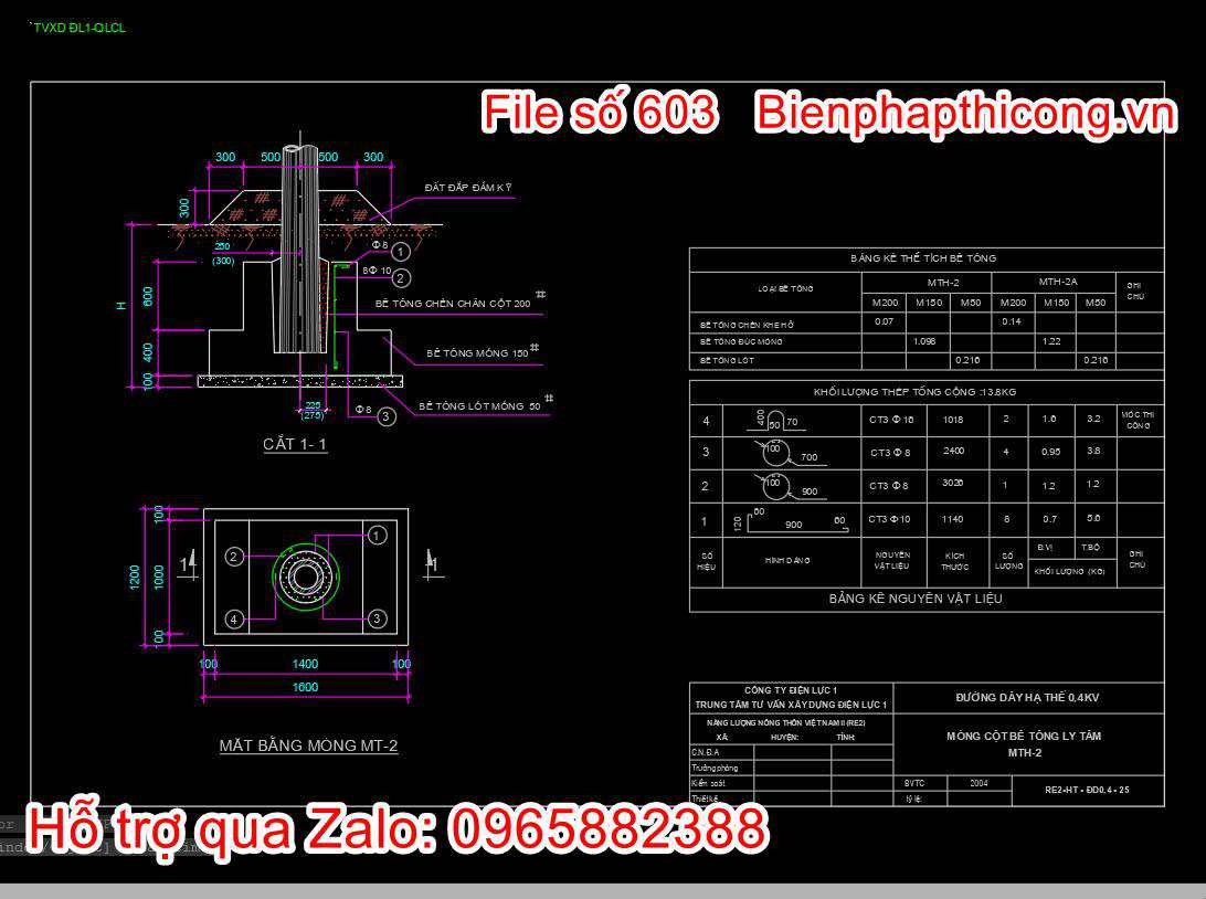 Hồ sơ thiết kế cad móng cột bê tông ly tâm.