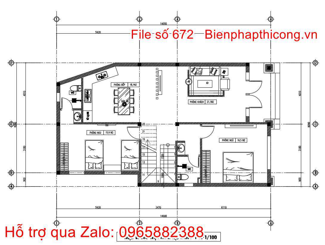 Mặt bằng biệt thự 2 tầng mái thái 8m x 14m 4 ngủ.