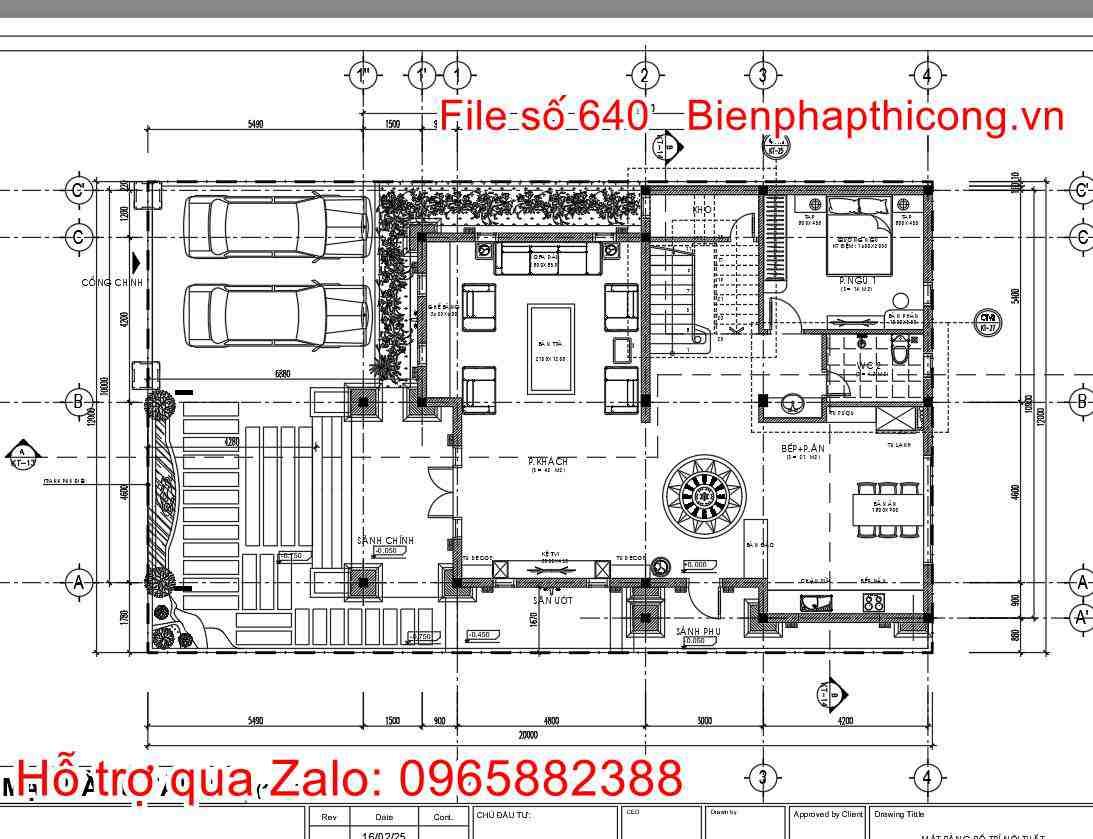 Mặt bằng tầng 1 biệt thự 2 tầng mái thái cad đẹp.
