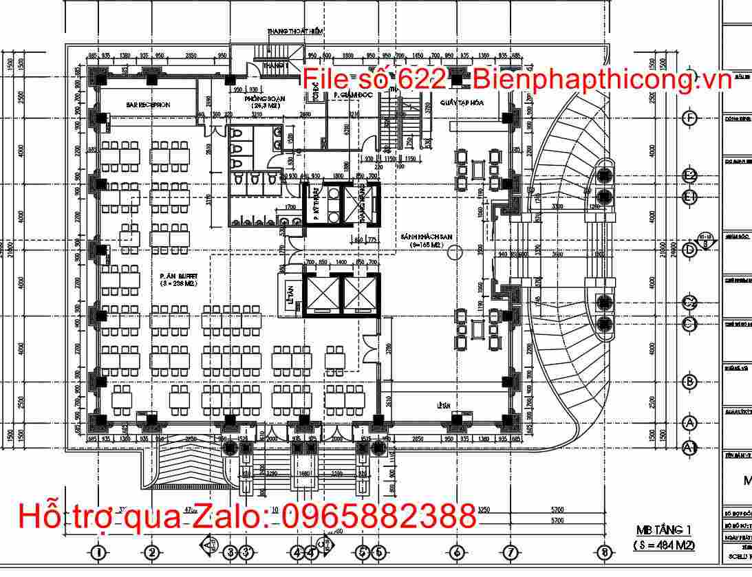 Mặt bằng tầng 1 khách sạn cao tầng full cad.