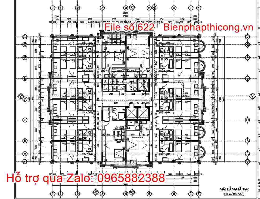 Mặt bằng tầng 6 bản vẽ thi công khách sạn đẹp