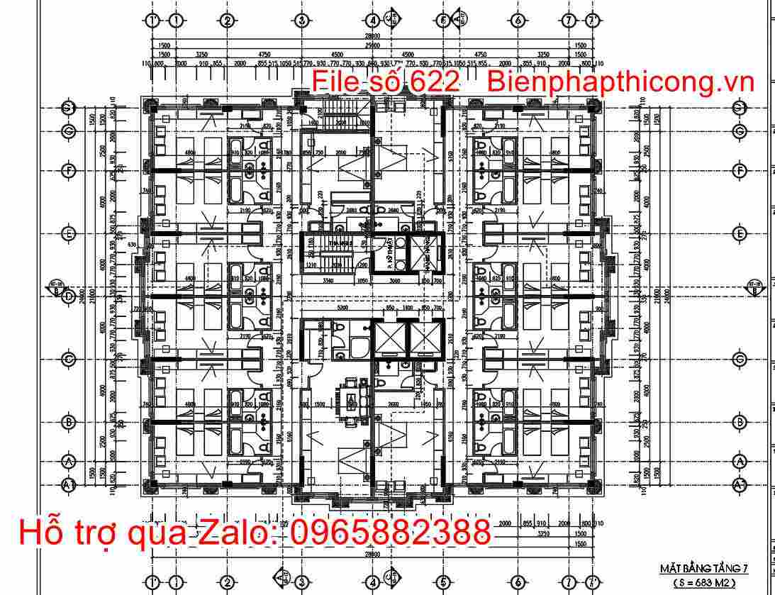 Mặt bằng tầng 7 file cad khách sạn.