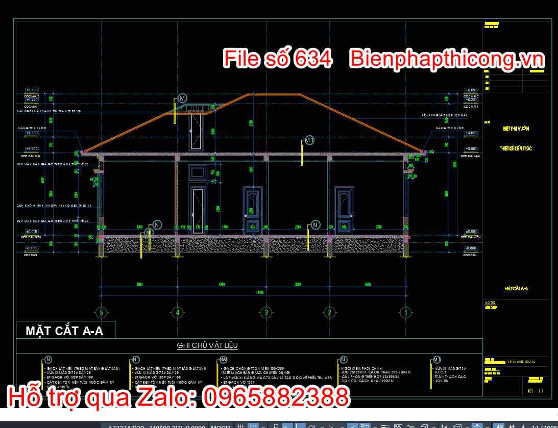 Mặt cắt bản vẽ nhà cấp 4 1 tầng đẹp.