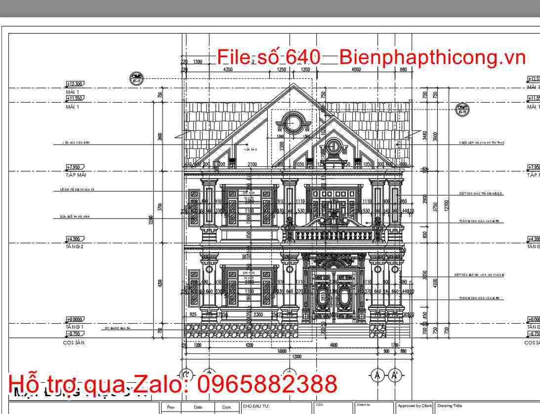 Mặt đứng bản vẽ cad biệt thự 2 tầng mái thái cad.