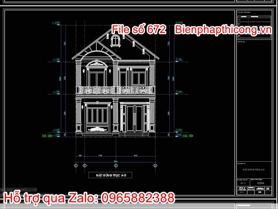 Mặt đứng biệt thự 2 tầng mái thái cad 8m x 14m