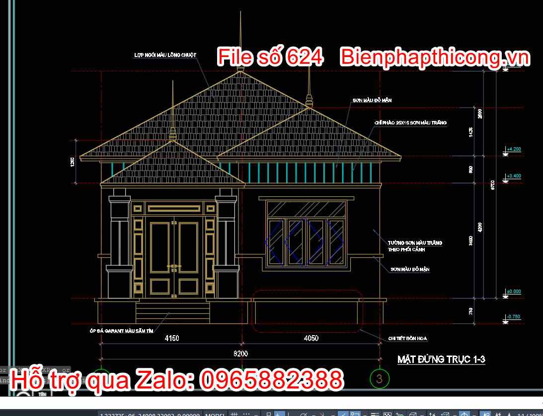 Mặt đứng nhà biệt thự 1 tầng mặt tiền 8m đẹp.