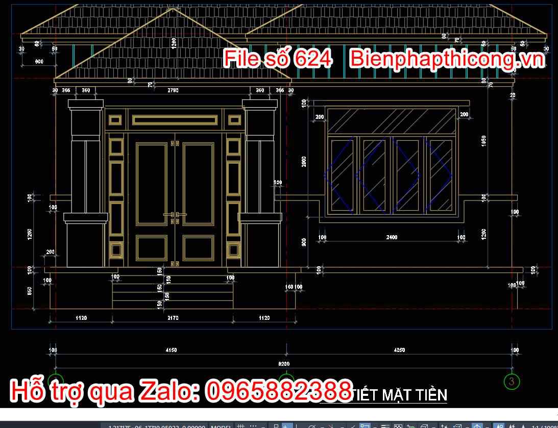 Mặt tiền nhà mái nhật 1 tầng đẹp full cad.