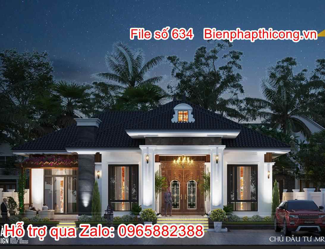 Mua hồ sơ thiết kế nhà 1 tầng mái nhật tân cổ 3 ngủ 14m