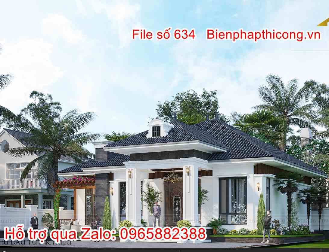 Tải hồ sơ thiết kế biệt thự 1 tầng tân cổ full cad 14m x 10m
