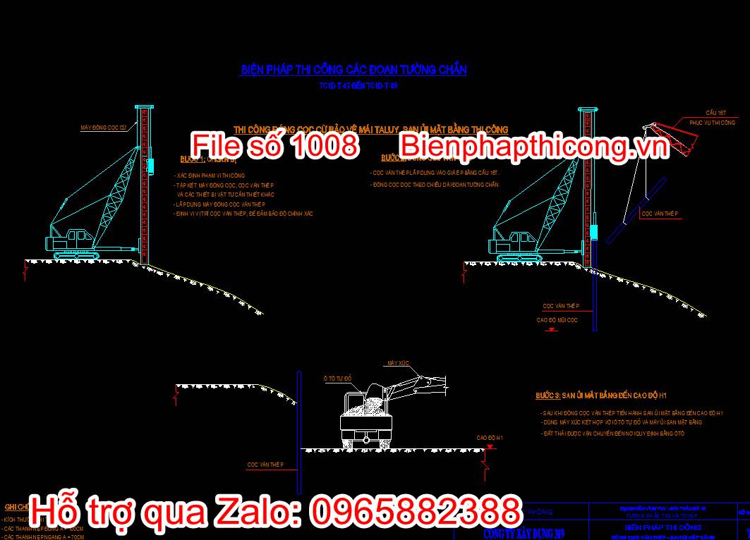 Bản vẽ thi công đóng cọc cừ bảo vệ Taluy, san ủi mặt bằng thi công