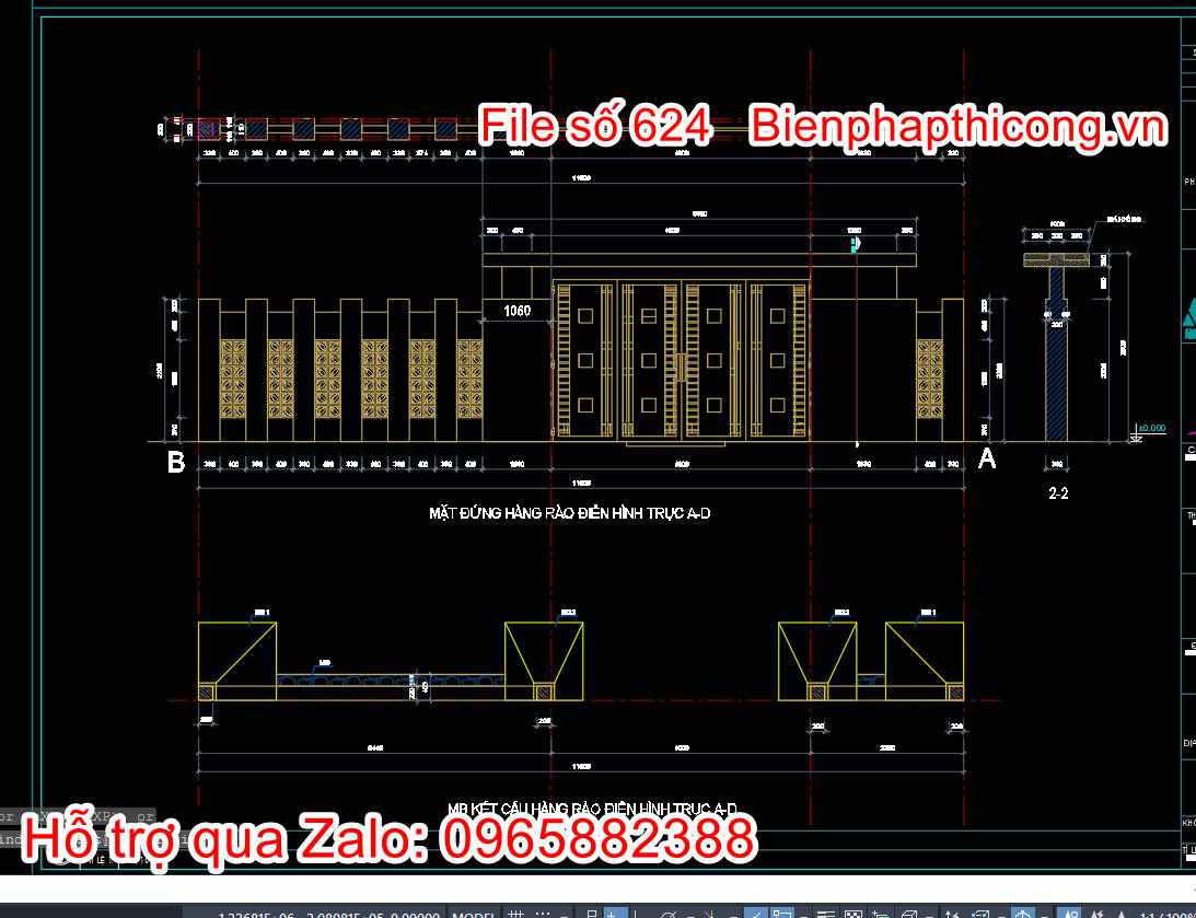 Thiết kế cổng nhà 1 tầng mái nhật cad.
