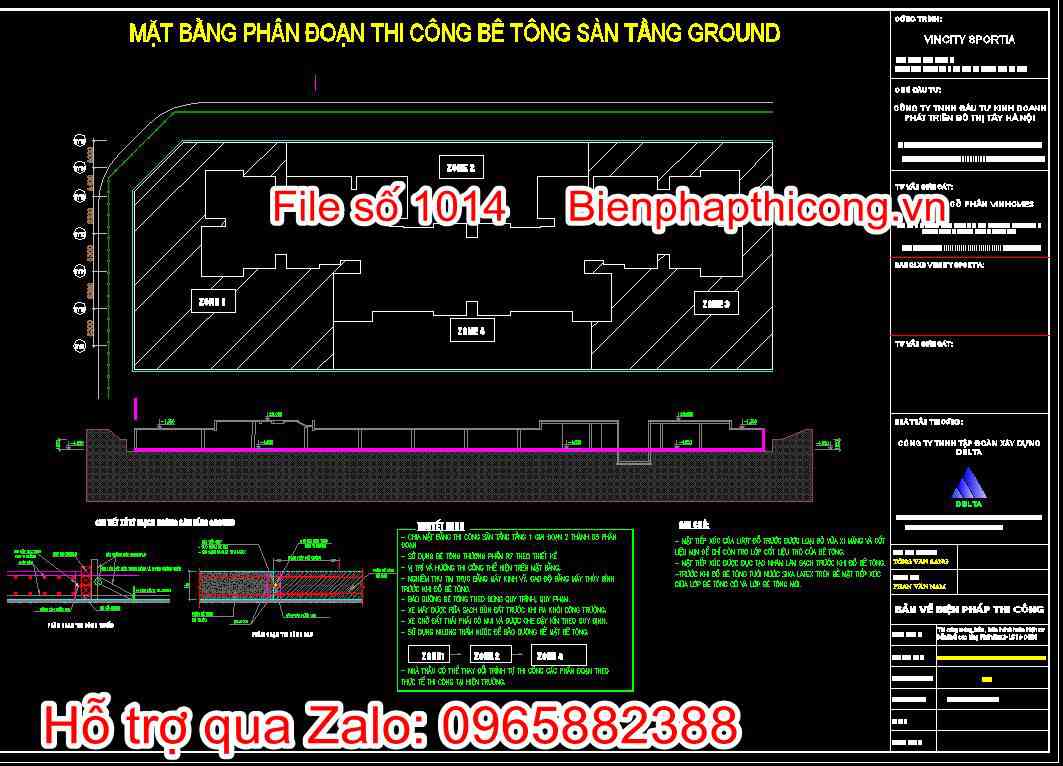Bản vẽ mặt bằng phân đoạn thi công bê tông sàn tầng Ground