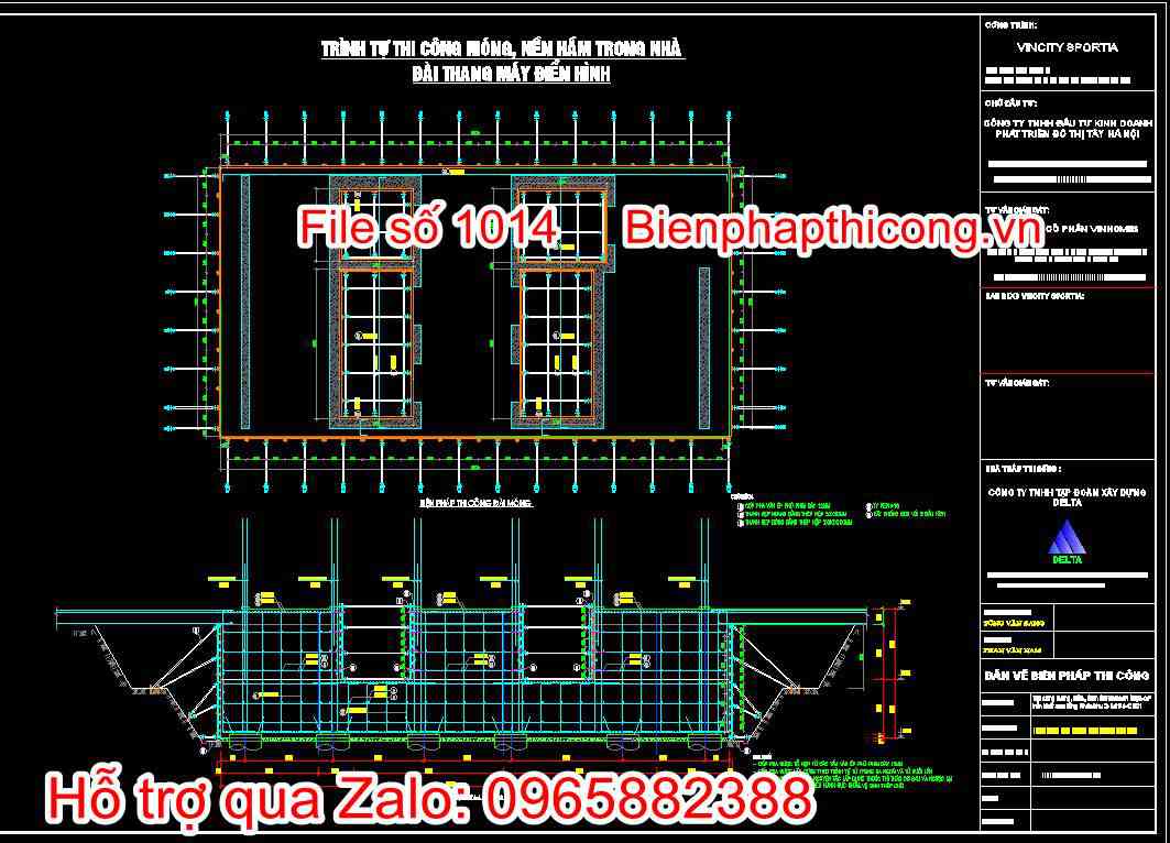Bản vẽ trình tự thi công móng, nền hầm trong nhà, đài thang máy điển hình
