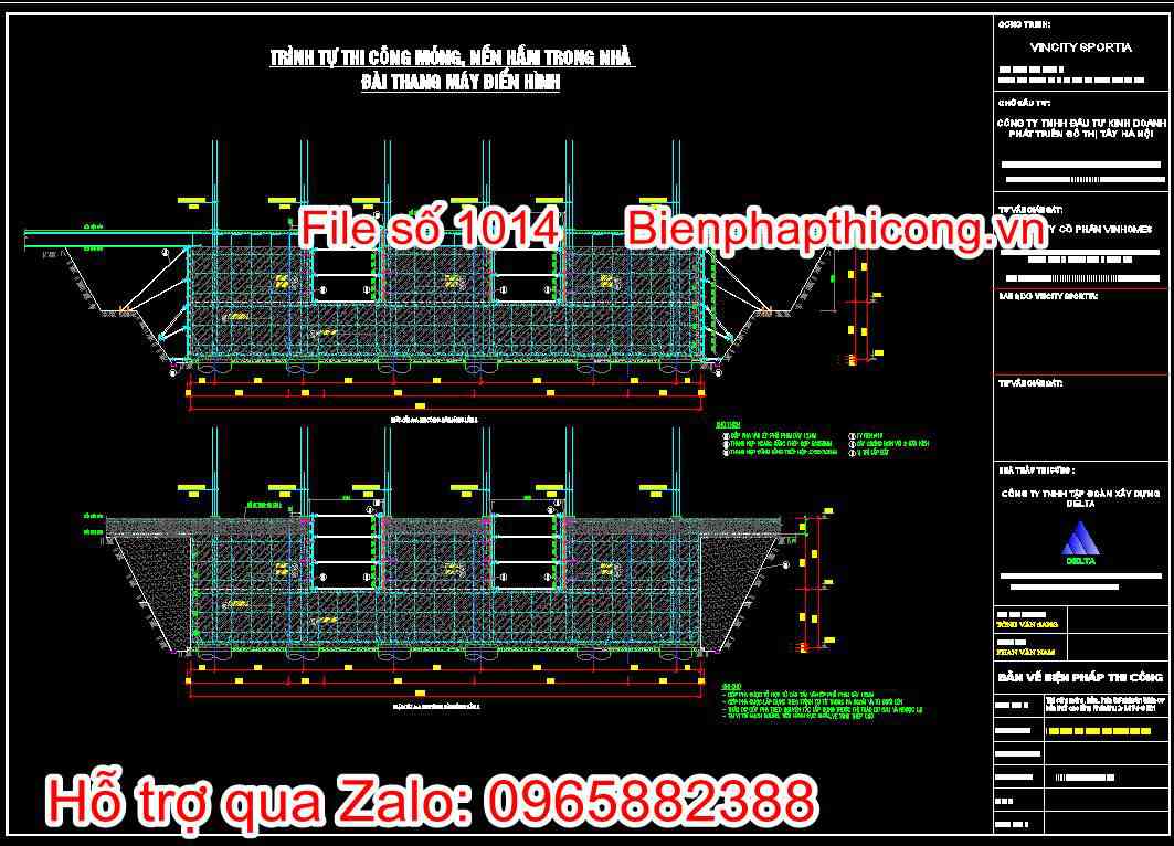 Bản vẽ trình tự thi công móng, nền hầm trong nhà, đài thang máy điển hình 2
