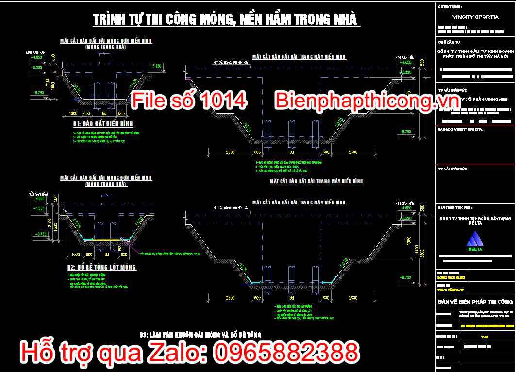 Bản vẽ trình tự thi công móng, nền hầm trong nhà