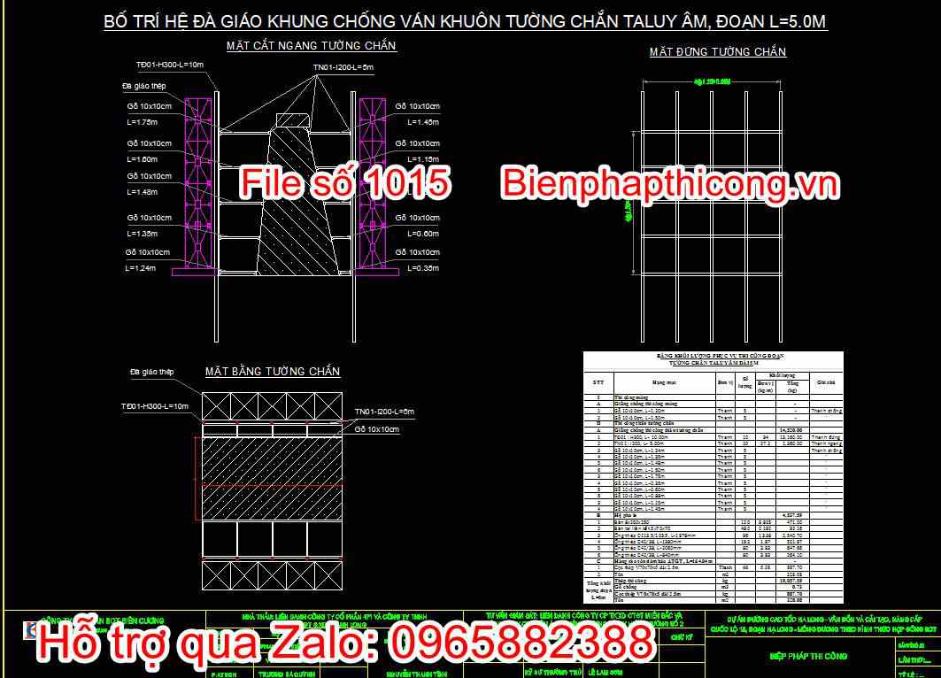 Bản vẽ bố trí hệ đà giáo khung chống ván khuôn tường chắn 