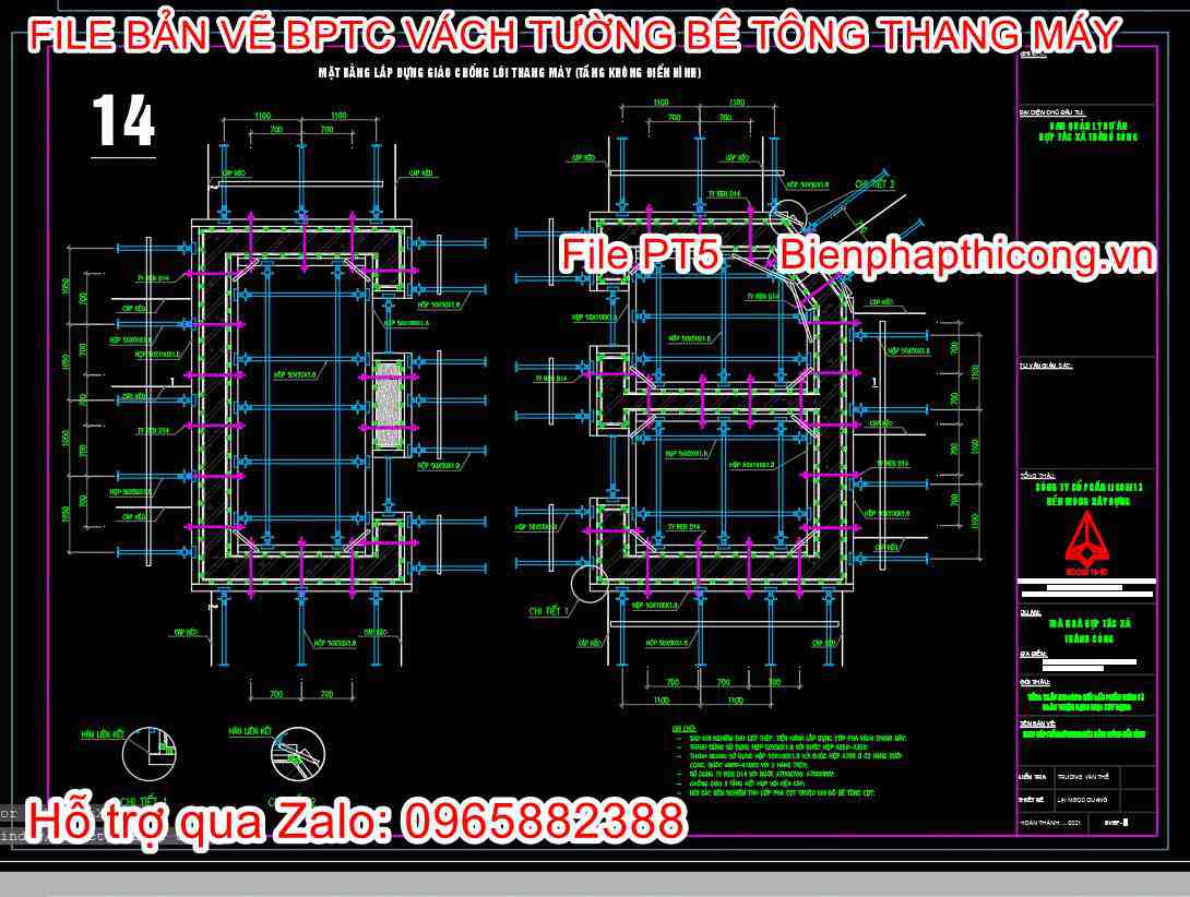 Bản vẽ biện pháp thi công giáo chống lỗi thang máy cad.