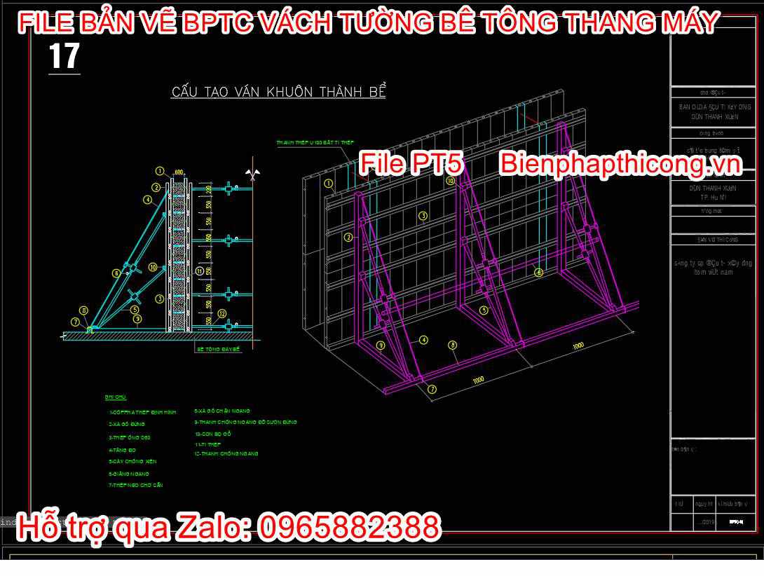 Bản vẽ biện pháp thi công ván khuôn thành bể cad.