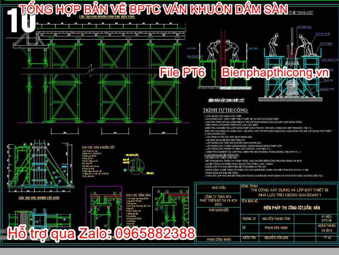 Bản vẽ biện pháp thi công cấu tạo ván khuôn dầm sàn cad.