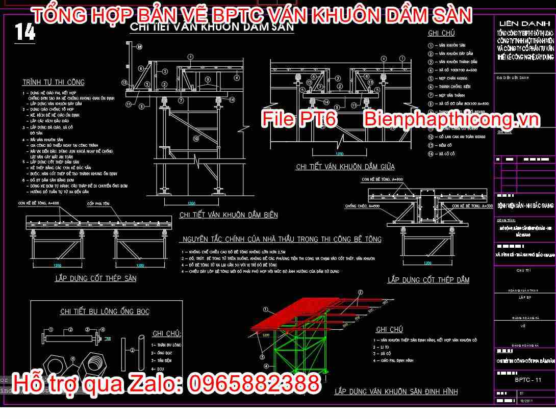 Bản vẽ biện pháp thi công ván khuôn dầm sàn cad.