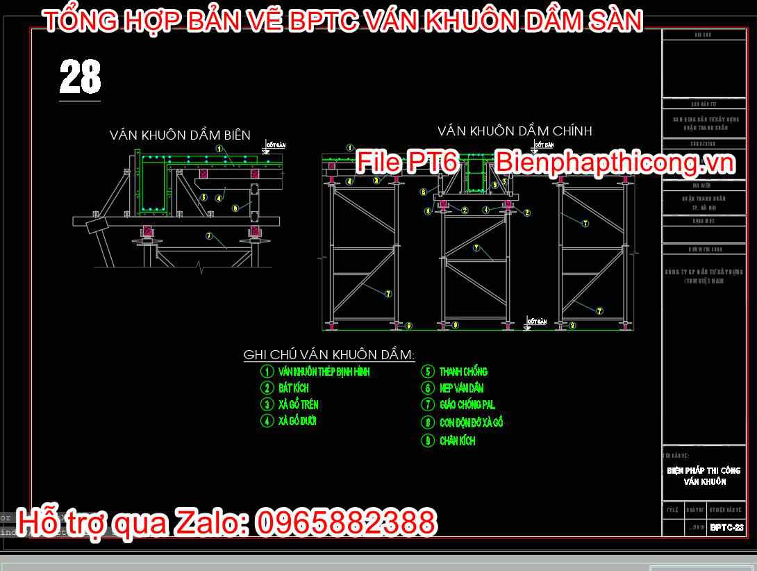 Bản vẽ biện pháp thi công ván khuôn cad dầm sàn.
