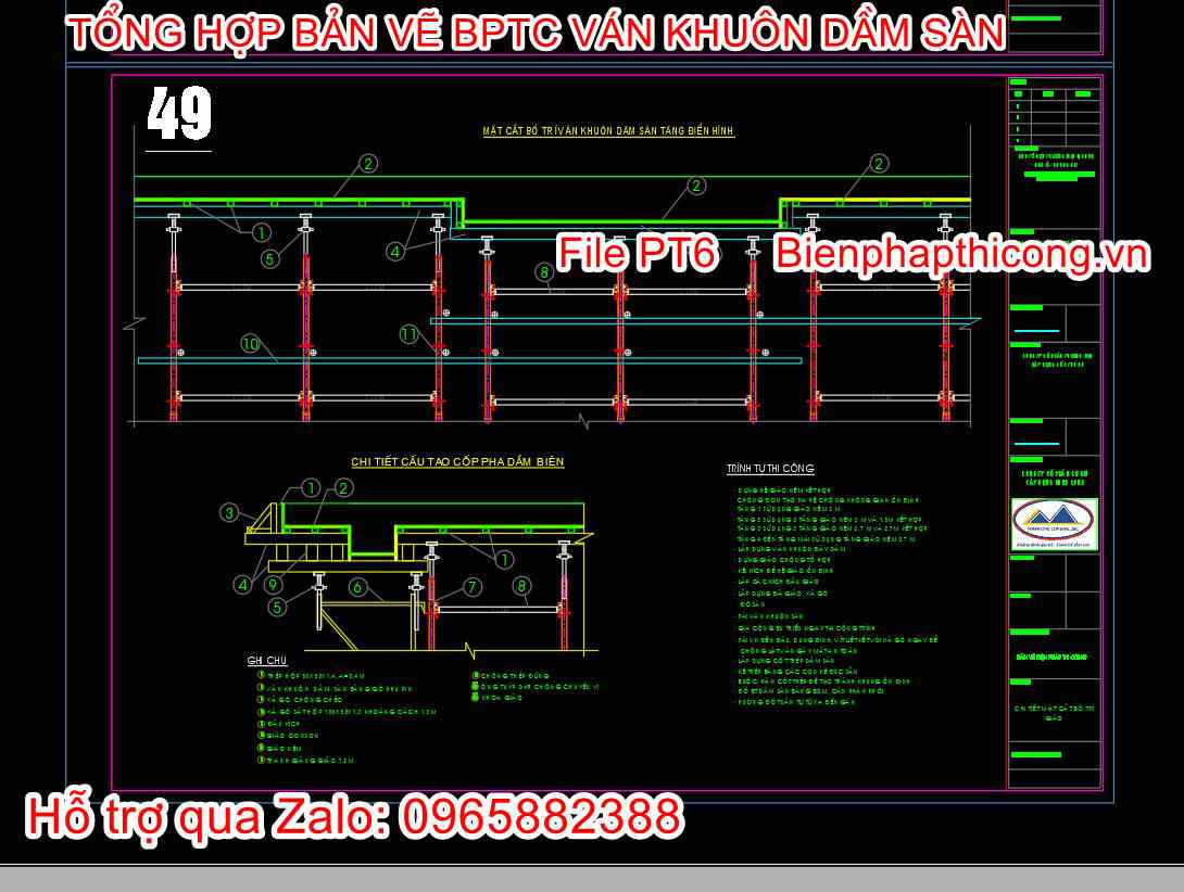 Mặt cắt bố trí ván khuôn dầm sàn cad.